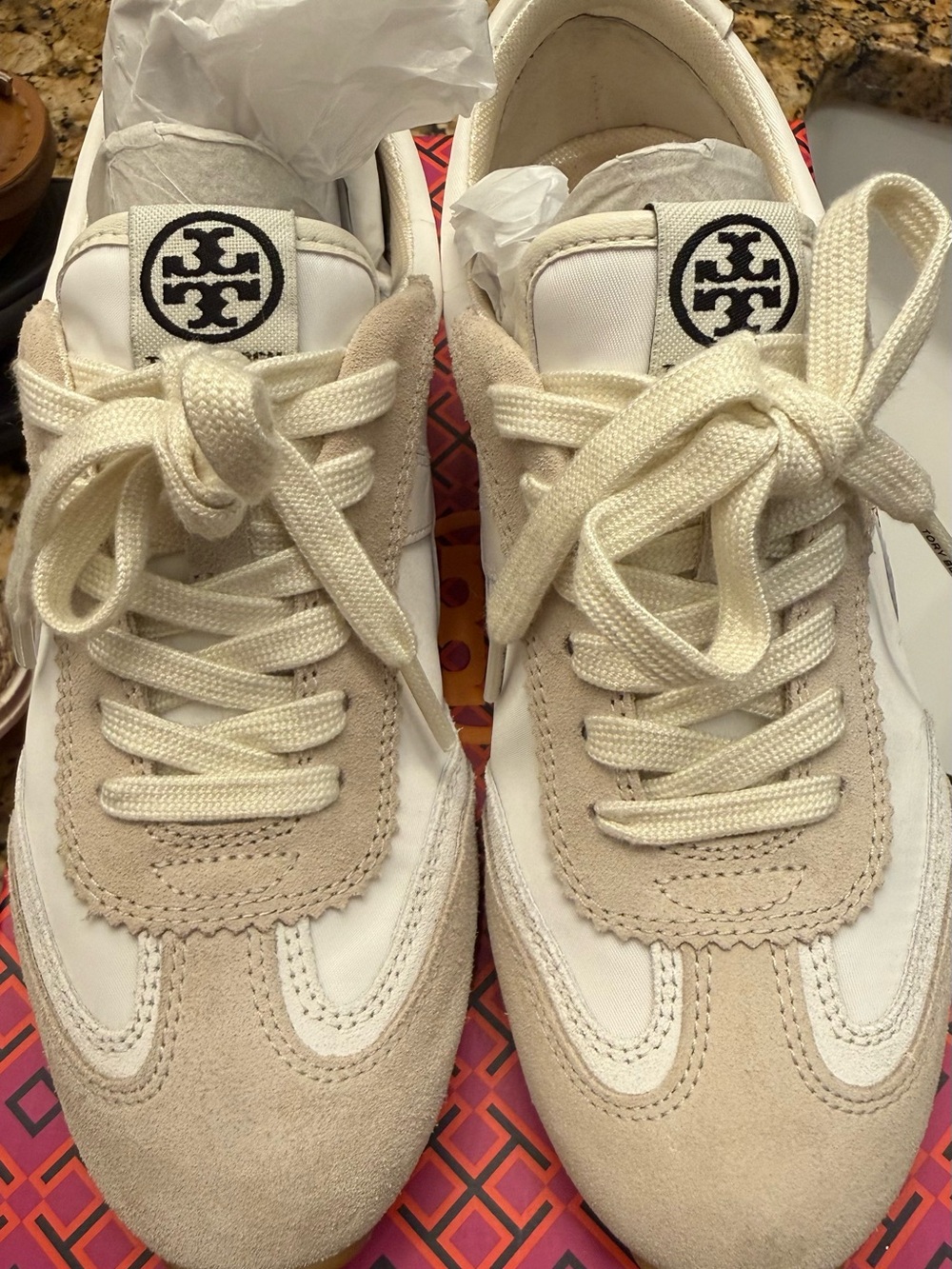Tory Burch Cream and White Suede-Trim Lace-Up Sneakers